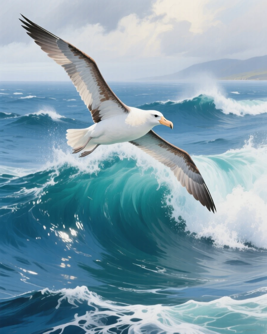 A wandering albatross skims low over massive Southern Ocean swells, its enormous wingspan barely moving as it glides effortlessly above the waves, its posture alert yet relaxed, fully at ease within its natural surroundings.