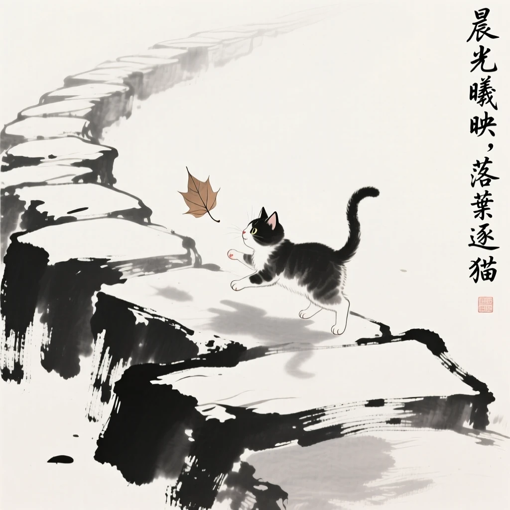 A kitten chases a falling leaf across a stone path, with morning light falling softly across the scene.