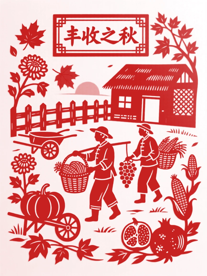 A Autumn scene of a quiet farmyard at day's end, farmers gathering the season's bounty.