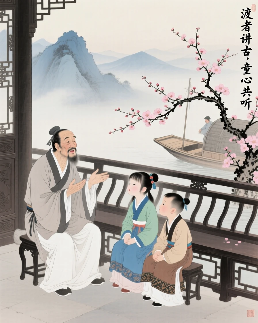 A ferryman sharing a story with curious children on a terrace overlooking misty mountains