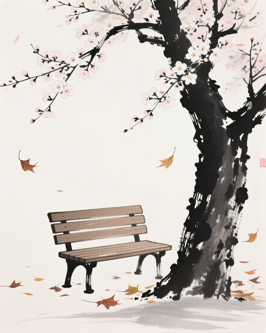 An empty wooden bench beneath a blossoming tree beneath drifting autumn leaves, seen from a distance, small and still within the frame, conveying a poetic sense of calm and reflection.