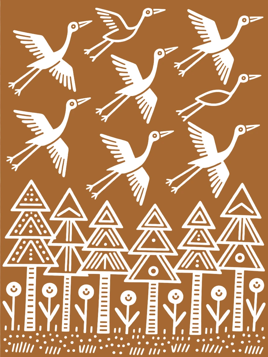 A flock of migrating cranes moving through a dense forest.