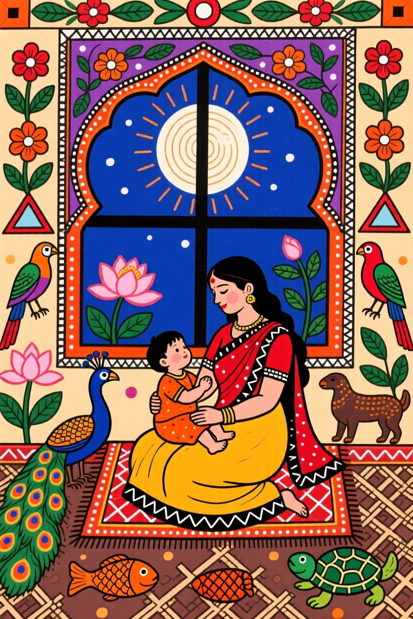A mother singing softly to her child in a quiet moonlit room.