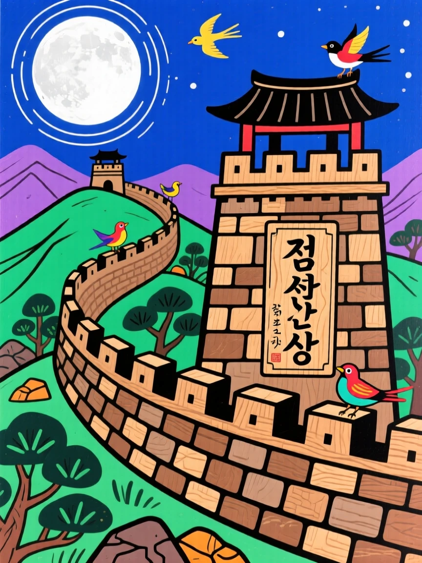 A fortress wall winding along a ridge beneath a full moon.