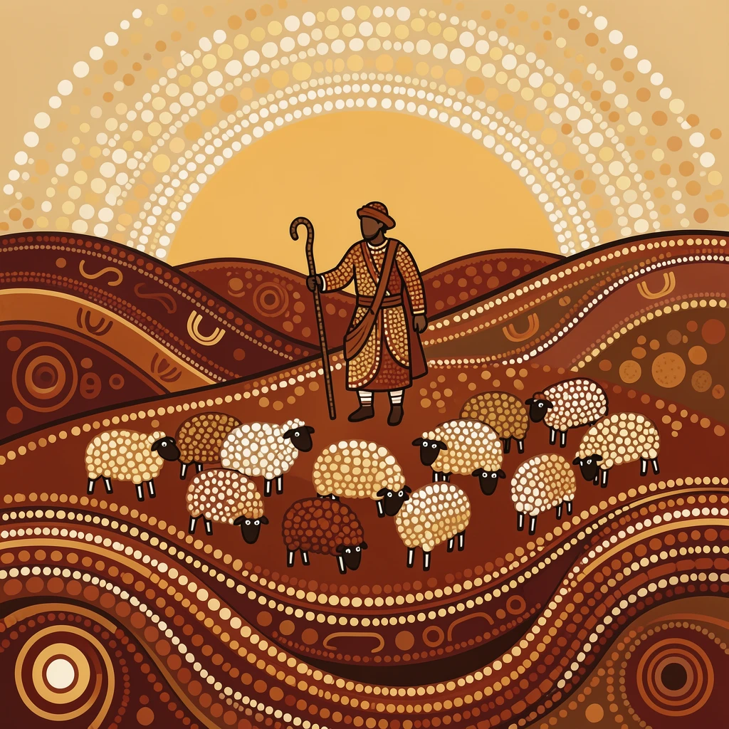 A shepherd guiding a flock across hills at sunrise