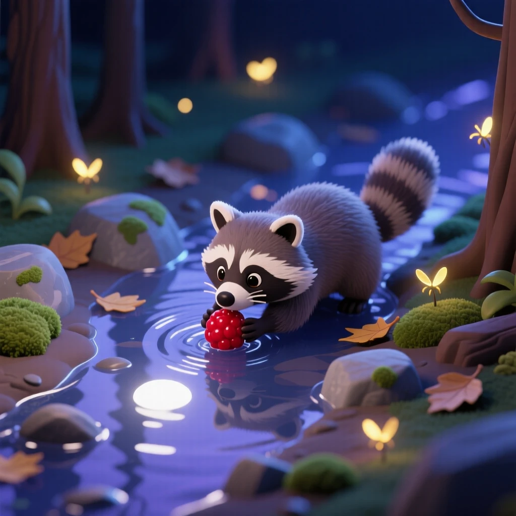 A curious raccoon washing a berry in a forest stream, moonlight glinting off the water, and fireflies dotting the darkened woods.