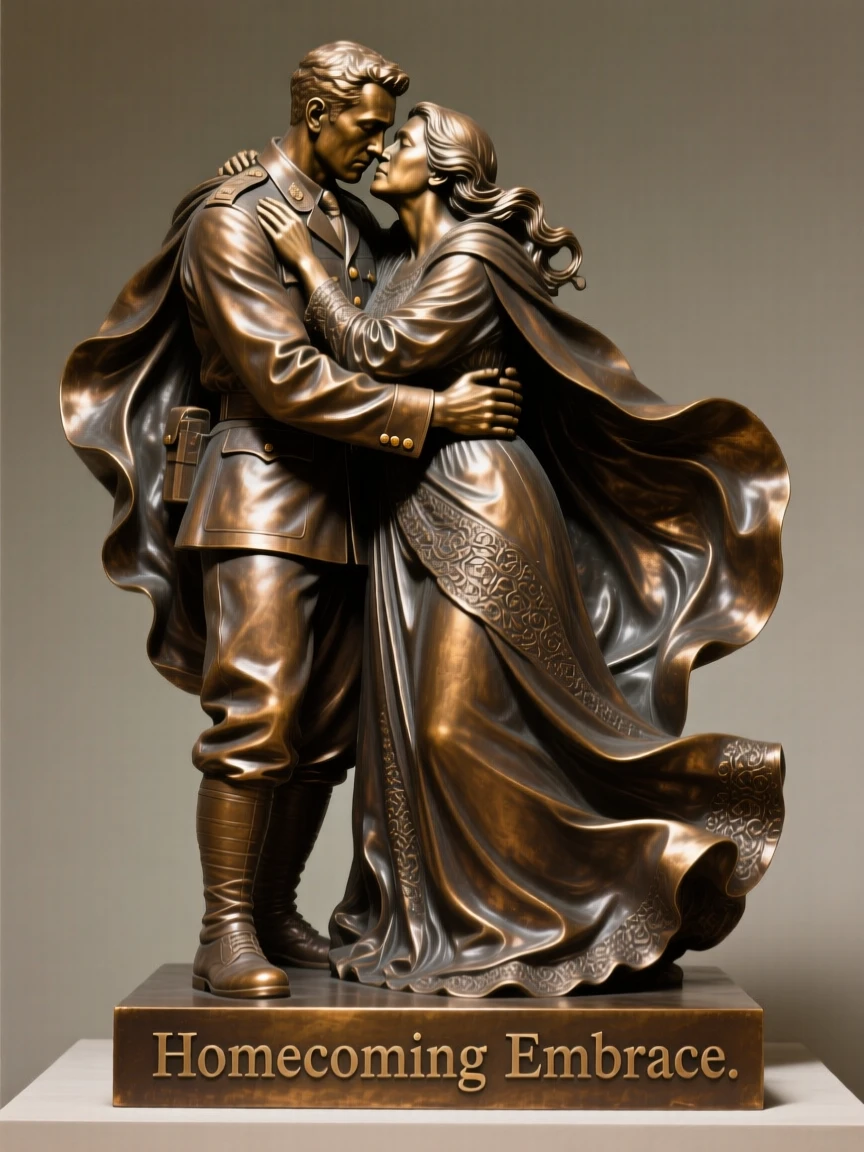 A soldier embracing his mother upon returning home, with intricate, flowing drapery, forming a strong central focal point