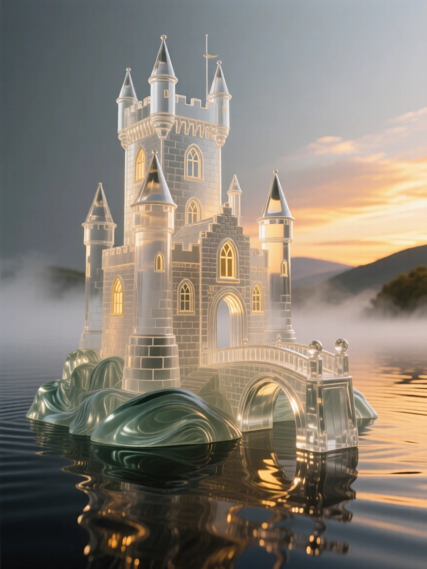 A Scottish castle on a misty loch, viewed from a dramatic low angle under a vivid sunset sky, warm golden light highlighting every architectural detail, awe-inspiring and grand.