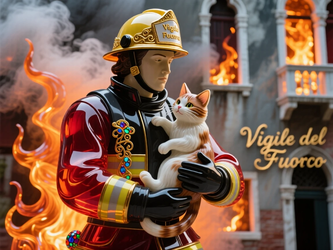 A firefighter carrying a rescued kitten from a smoky building, heroic and touching.