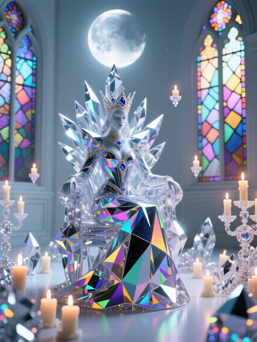 A shadow queen's throne room lit only by floating candles and moonlight through stained glass.