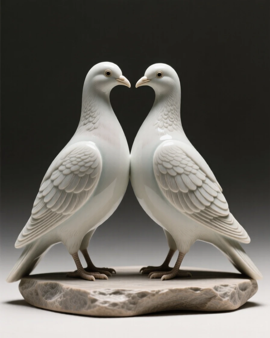A pair of decorative doves facing one another captured in a graceful, polished stance, framed by soft ambient lighting, radiating sophistication and timeless taste.