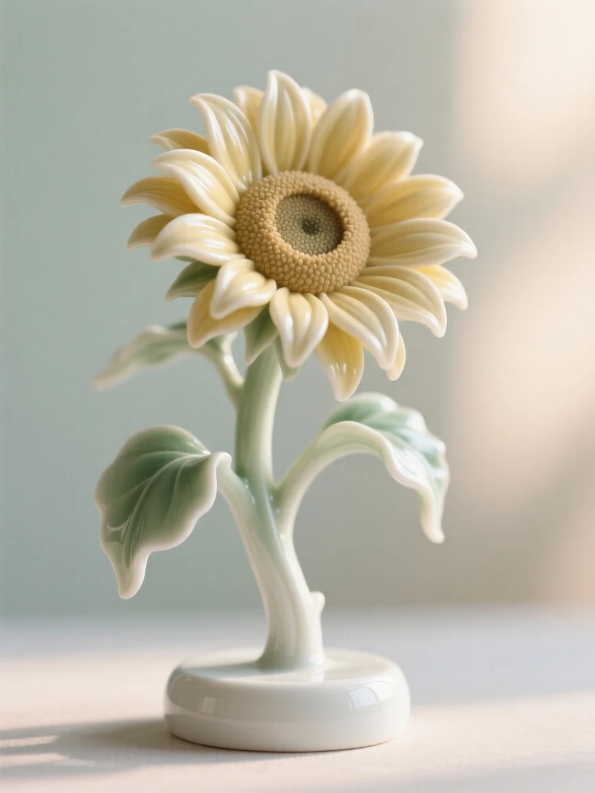 A single sunflower caught mid-bloom against a soft blurred background, glowing softly in gentle morning light.