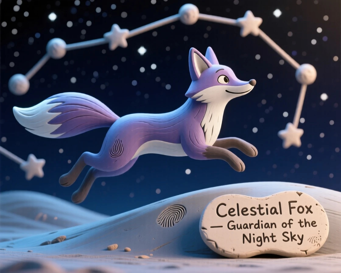 A celestial fox leaping between constellations in a starry sky