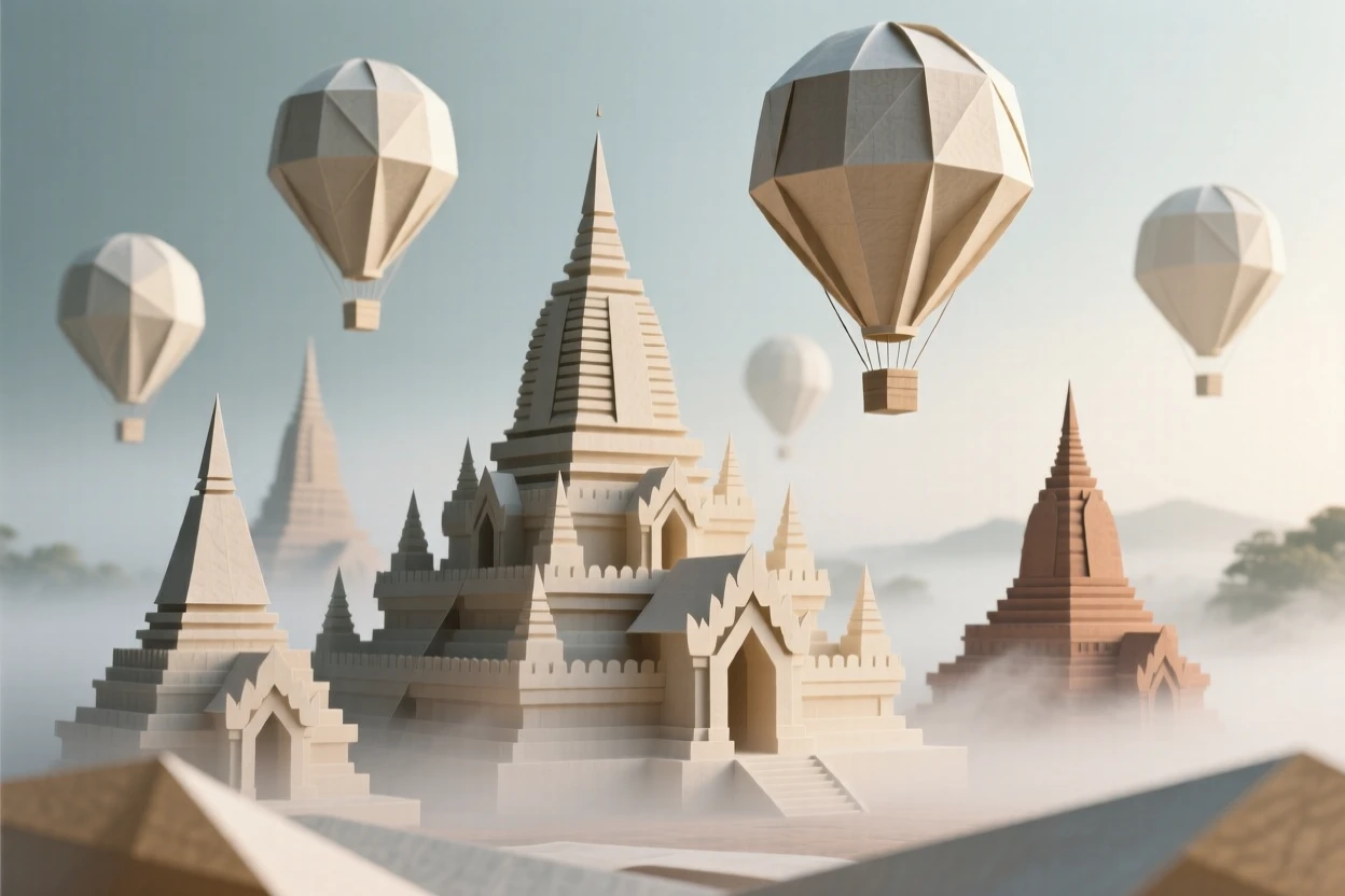 The ancient temples of Bagan rising from morning mist as hot air balloons drift above.