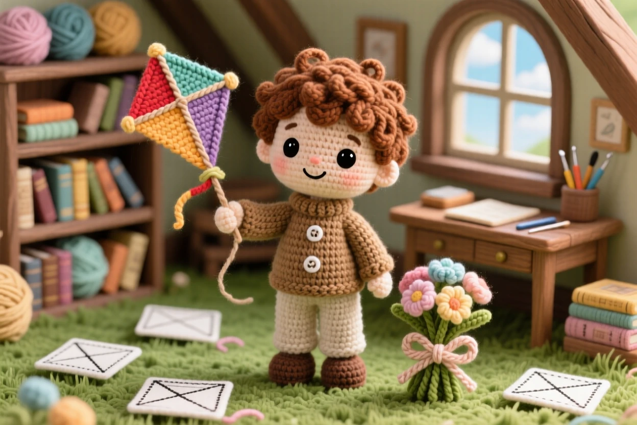 a small boy weather kite inventor, with sketches of kite designs nearby, testing a new kite design in an open field, in a snug attic study filled with old books, with a bundle of fresh flowers tied with twine nearby, conveying quiet contentment in simple daily work.