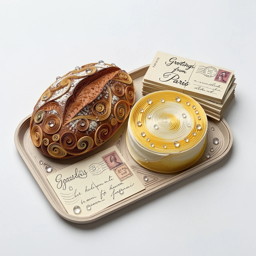 a rustic loaf of bread beside a wheel of cheese, on a tray beside a stack of vintage postcards, composed with a clean, minimal negative space background, with glistening droplets of morning dew.