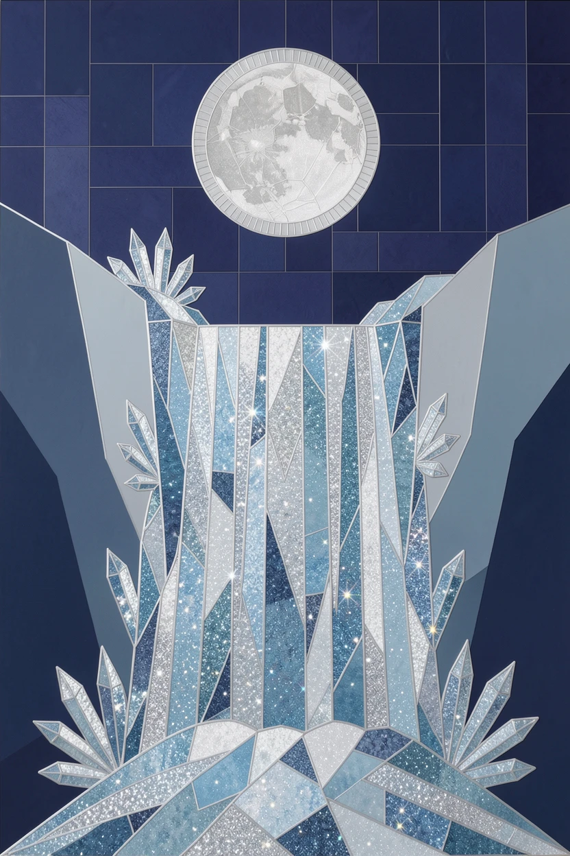A frozen waterfall encased in glittering ice crystals, glowing under the silver light of a full moon.