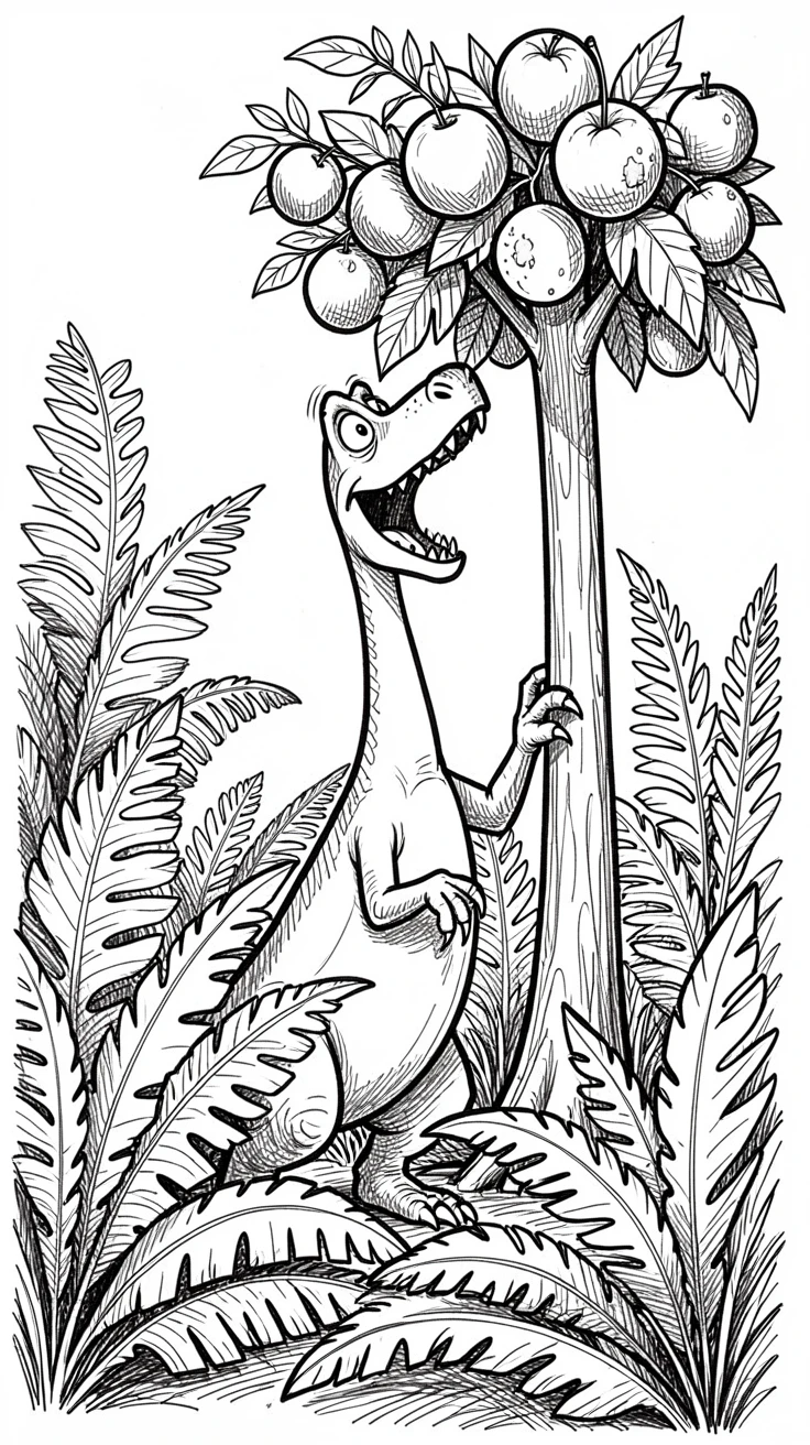 A dinosaur reaching for fruit on a tall tree in a valley of giant ferns.