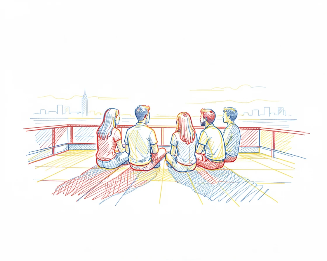 A group of friends watching a sunset together from a rooftop terrace
