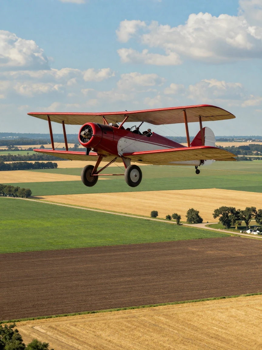 A vintage biplane flying over patchwork farmland