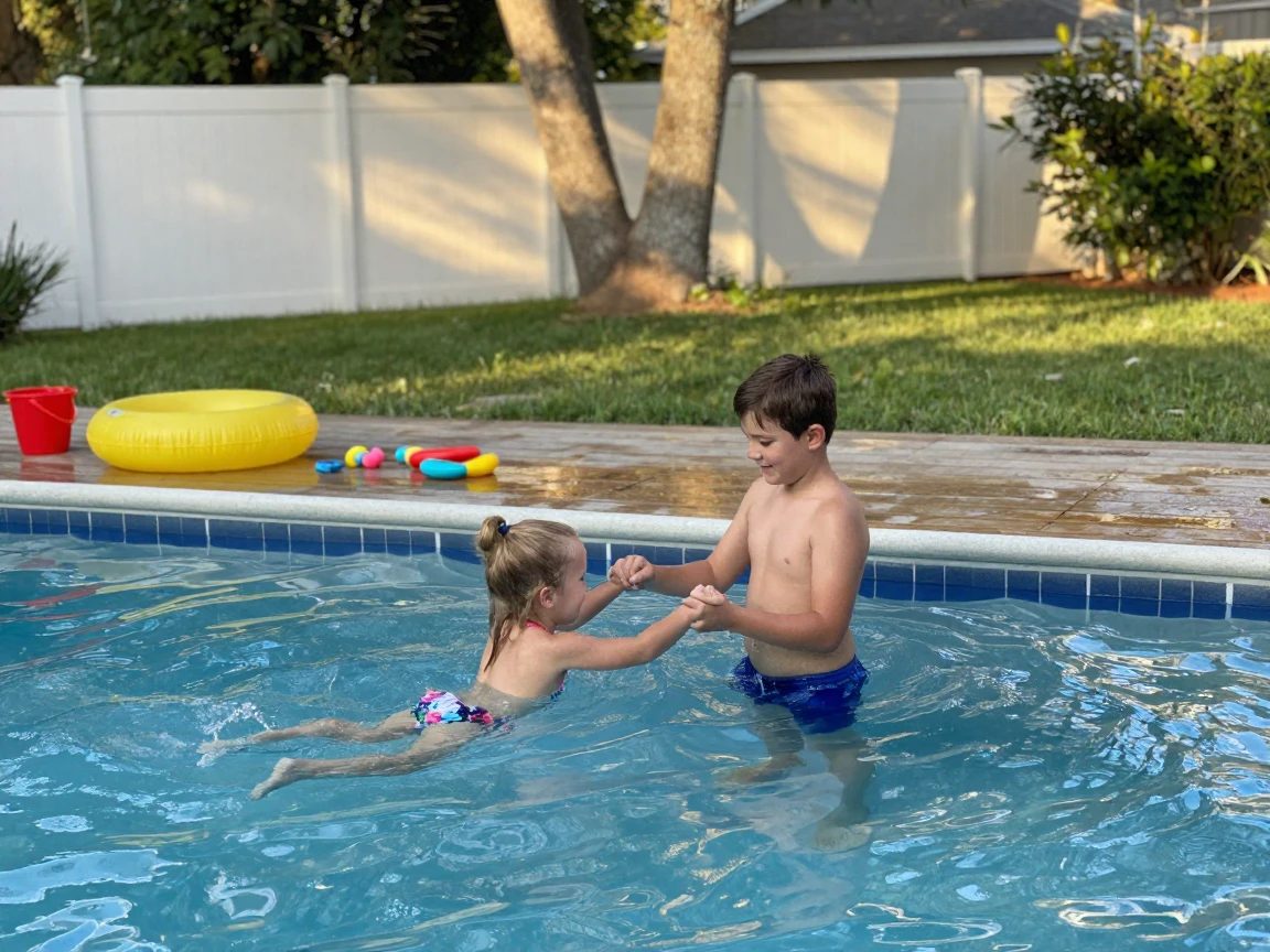 A young boy teaches his little sister to swim in the shallow end of a backyard pool.