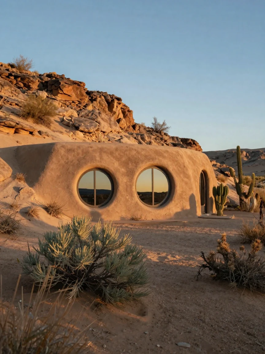 An underground earthship home built into a desert hillside with round windows
