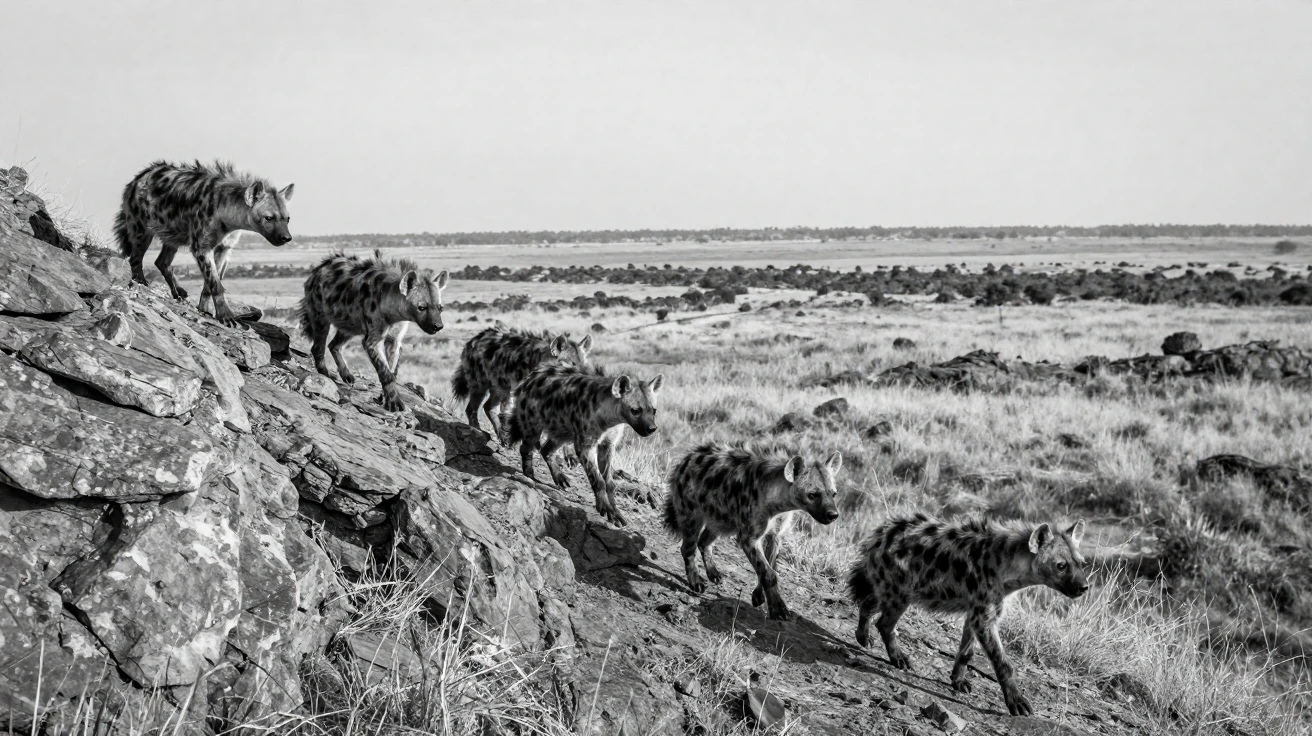 A pack of hyenas prowls along a rocky cliffside across sunbaked grasslands.
