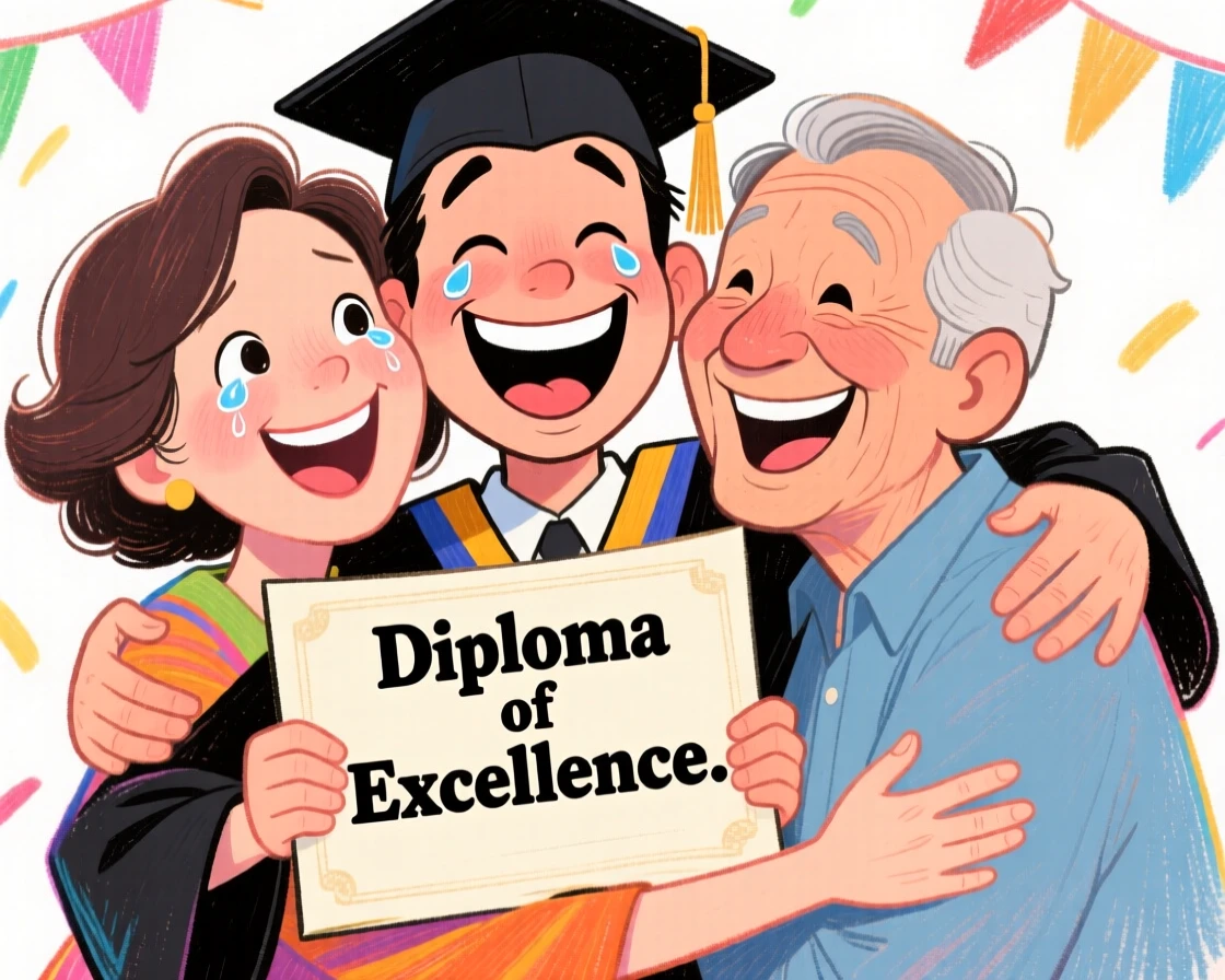 A graduate hugging their proud parents tightly, diploma held between them.