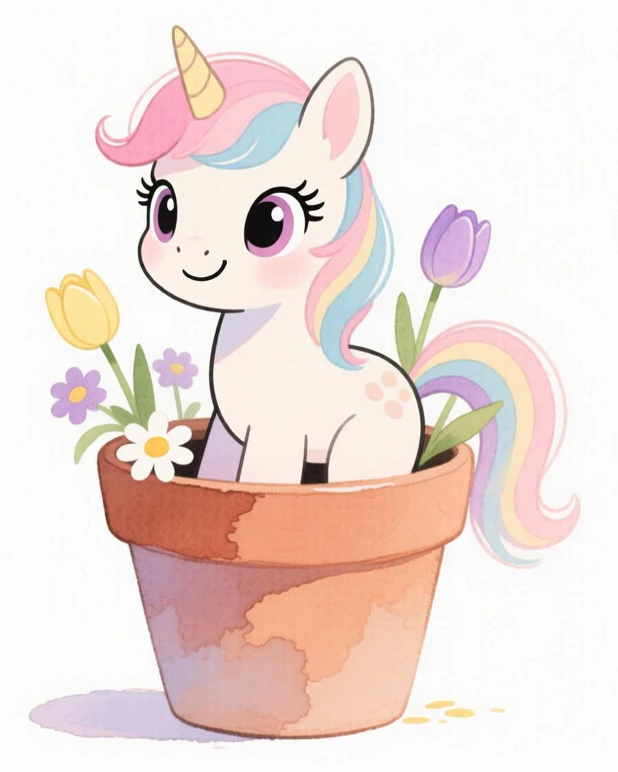 A miniature pony sitting proudly in a flower pot