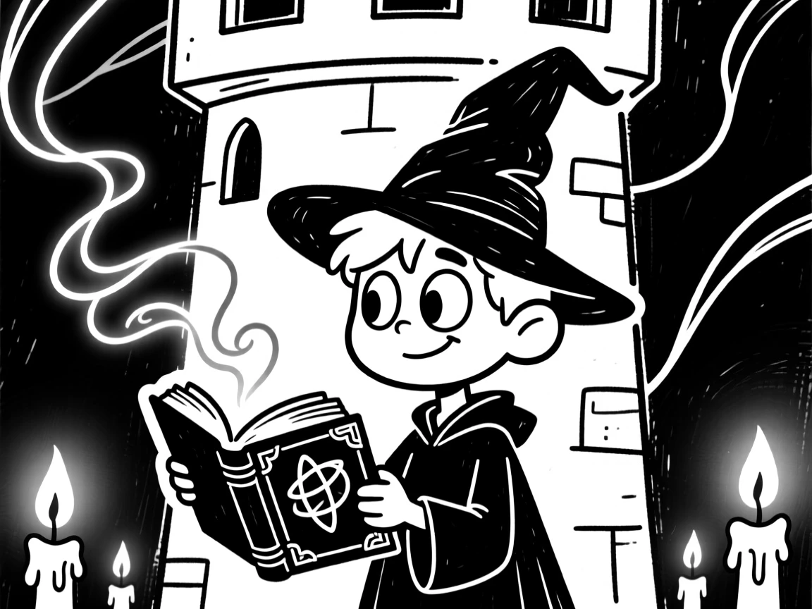 A young wizard casting a glowing spell from an ancient spellbook in a candlelit tower.