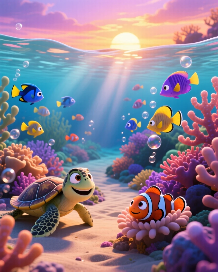 A coral reef teeming with fish glows as the last light of sunset paints the sky in orange and pink, with a narrow path winding through the scene. A deep sense of peace and quiet awe fills the scene.