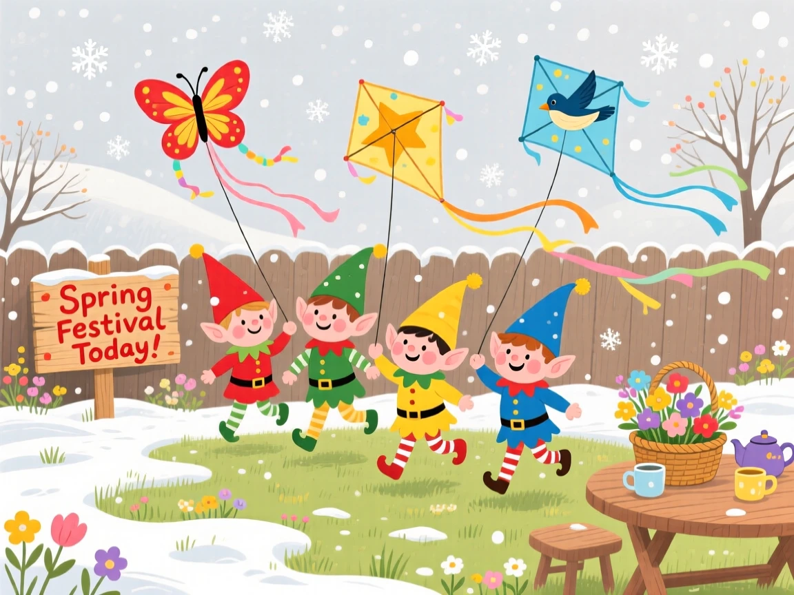 In a frosty backyard, a group of cheerful elves celebrate together by flying kites at a spring festival, as snowflakes drift softly down.