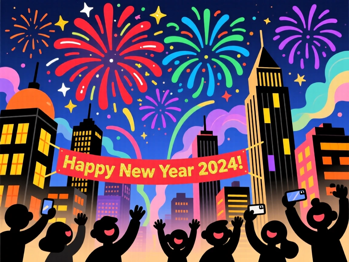 A New Year's fireworks display over a city skyline.