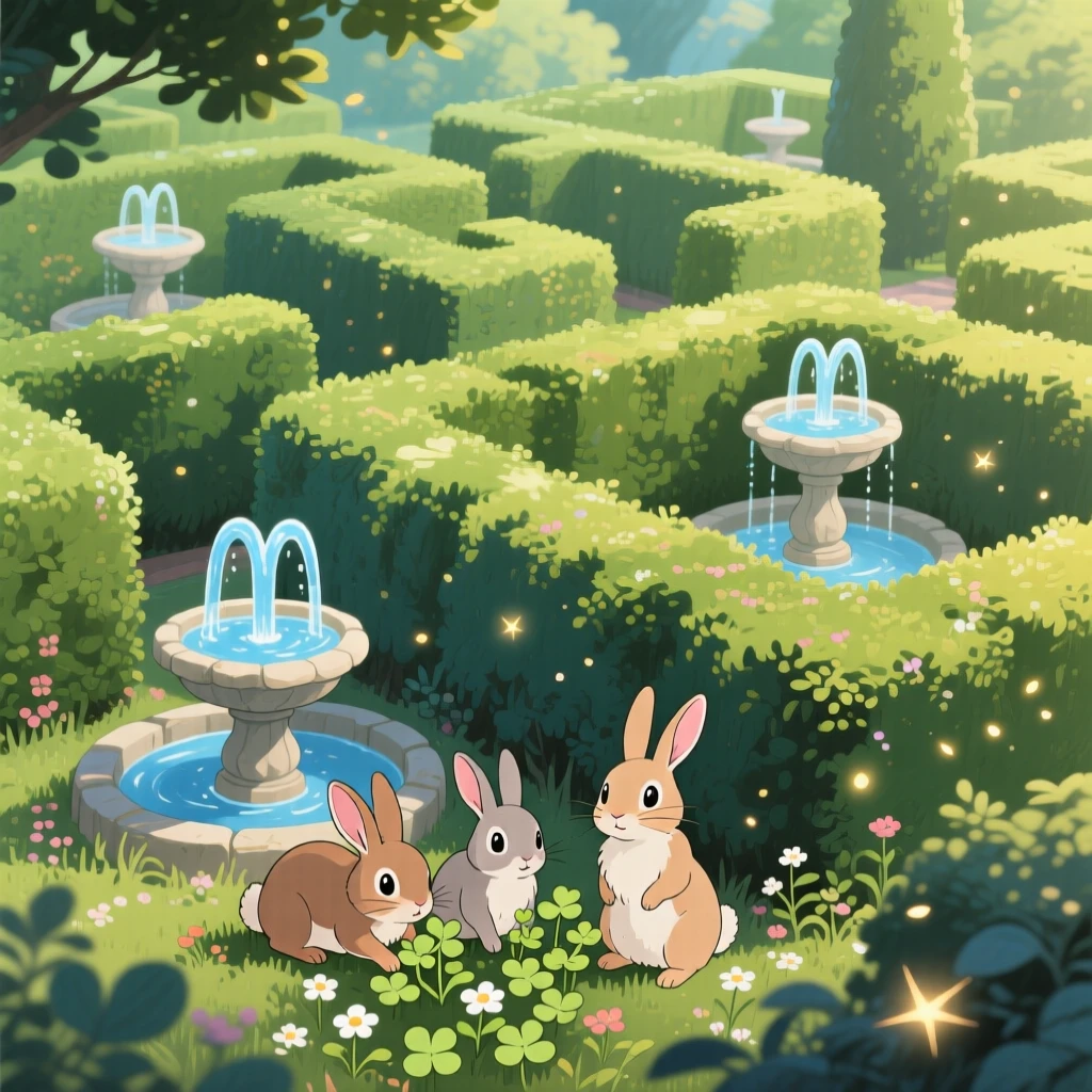 A garden maze of tall hedges and trickling fountains, a family of rabbits nibbling at the undergrowth, creating a scene of quiet natural magic.