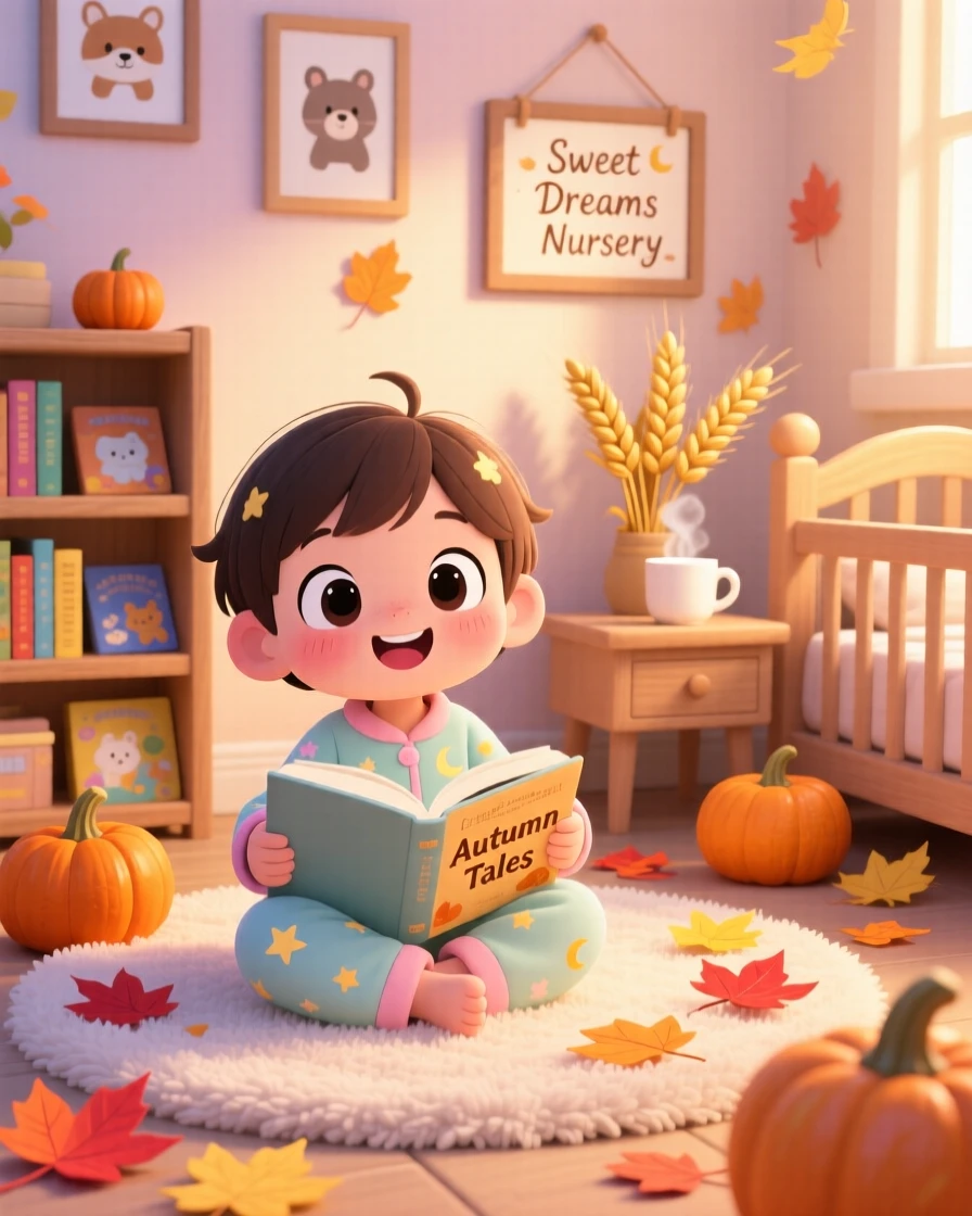 Dynamic diagonal composition of a child in pajamas, listening to a bedtime story, in a warmly lit nursery, during golden autumn harvest season, illuminated by soft pastel light of dawn, radiating bubbly enthusiasm.