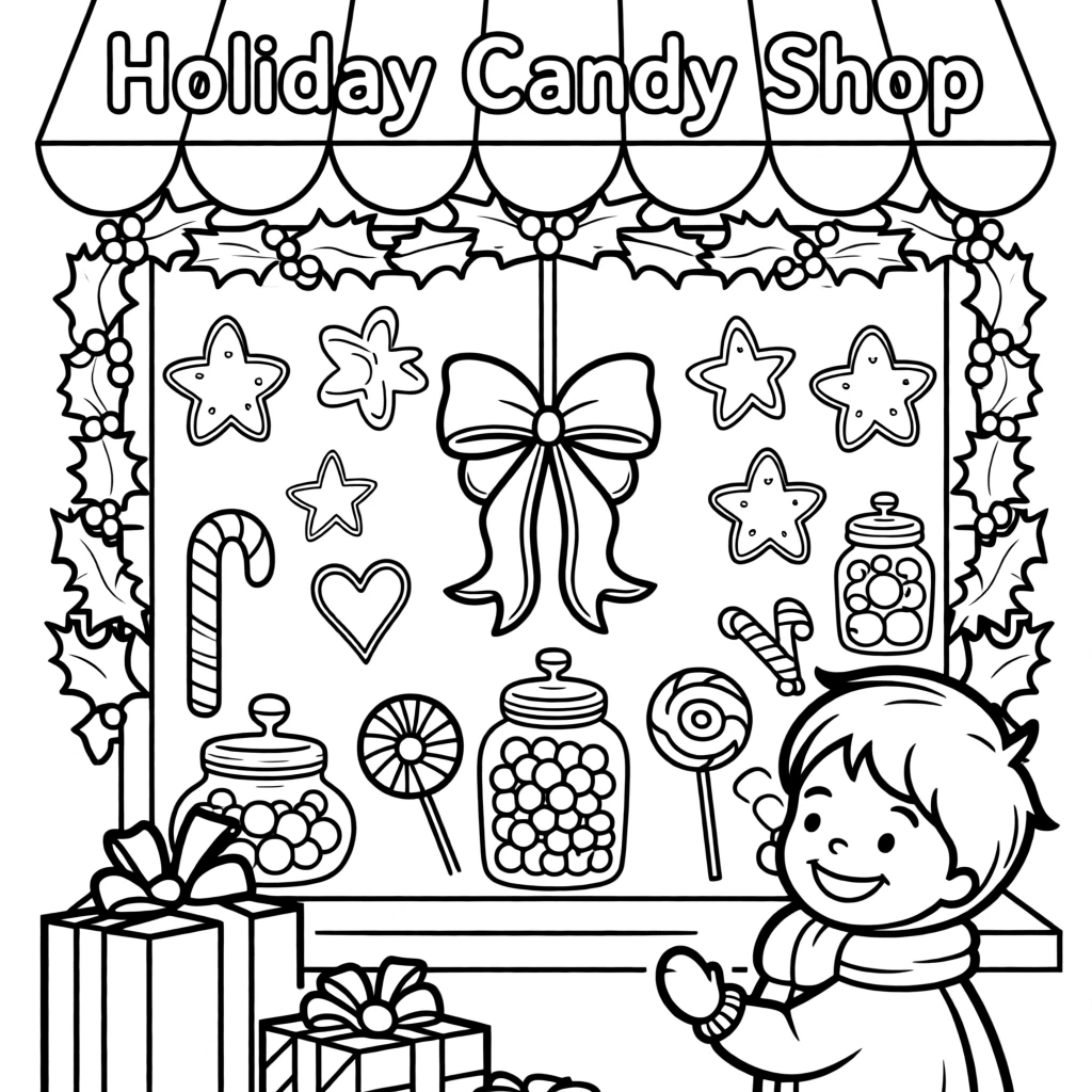 A candy shop window decorated for the holidays