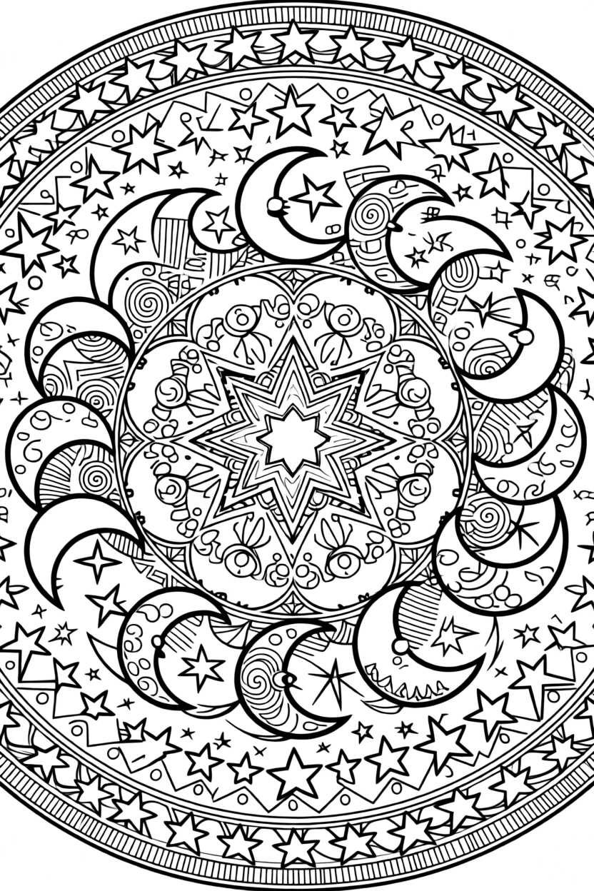 A mandala built from overlapping crescent moons and stars.