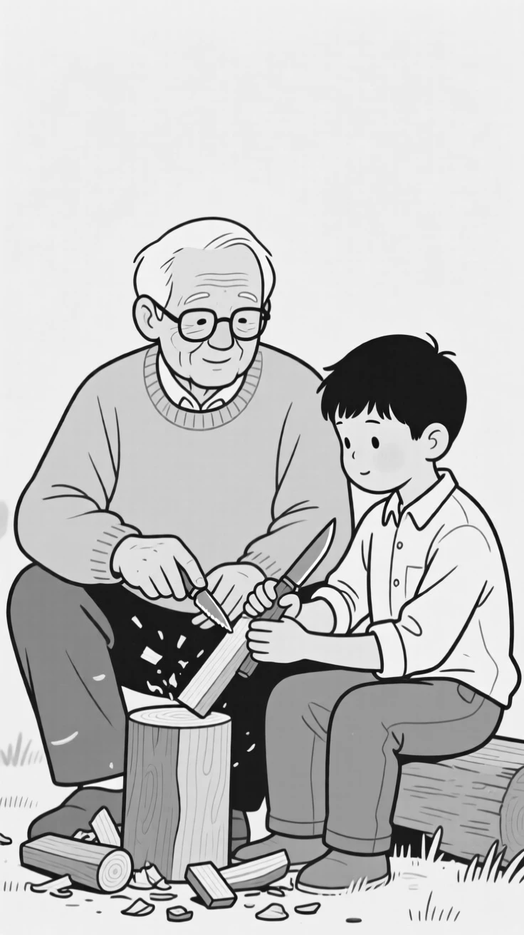 A grandfather teaching his grandson to whittle wood