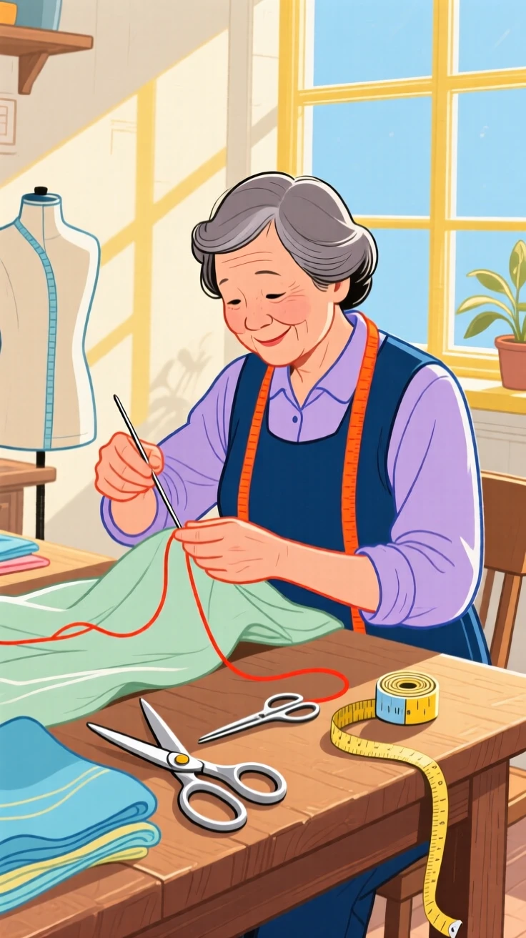A tailor sewing by hand in a sunlit workshop.