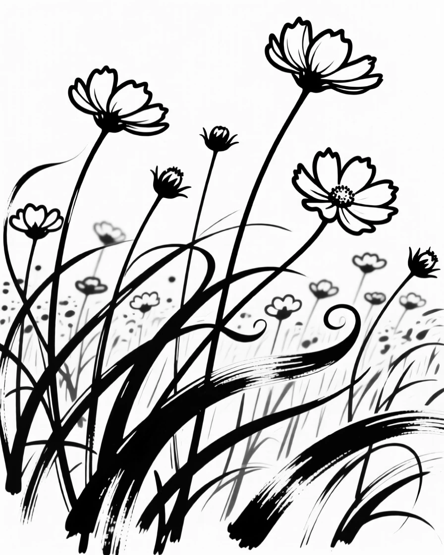 A field of cosmos flowers swaying gently in pastel colors.