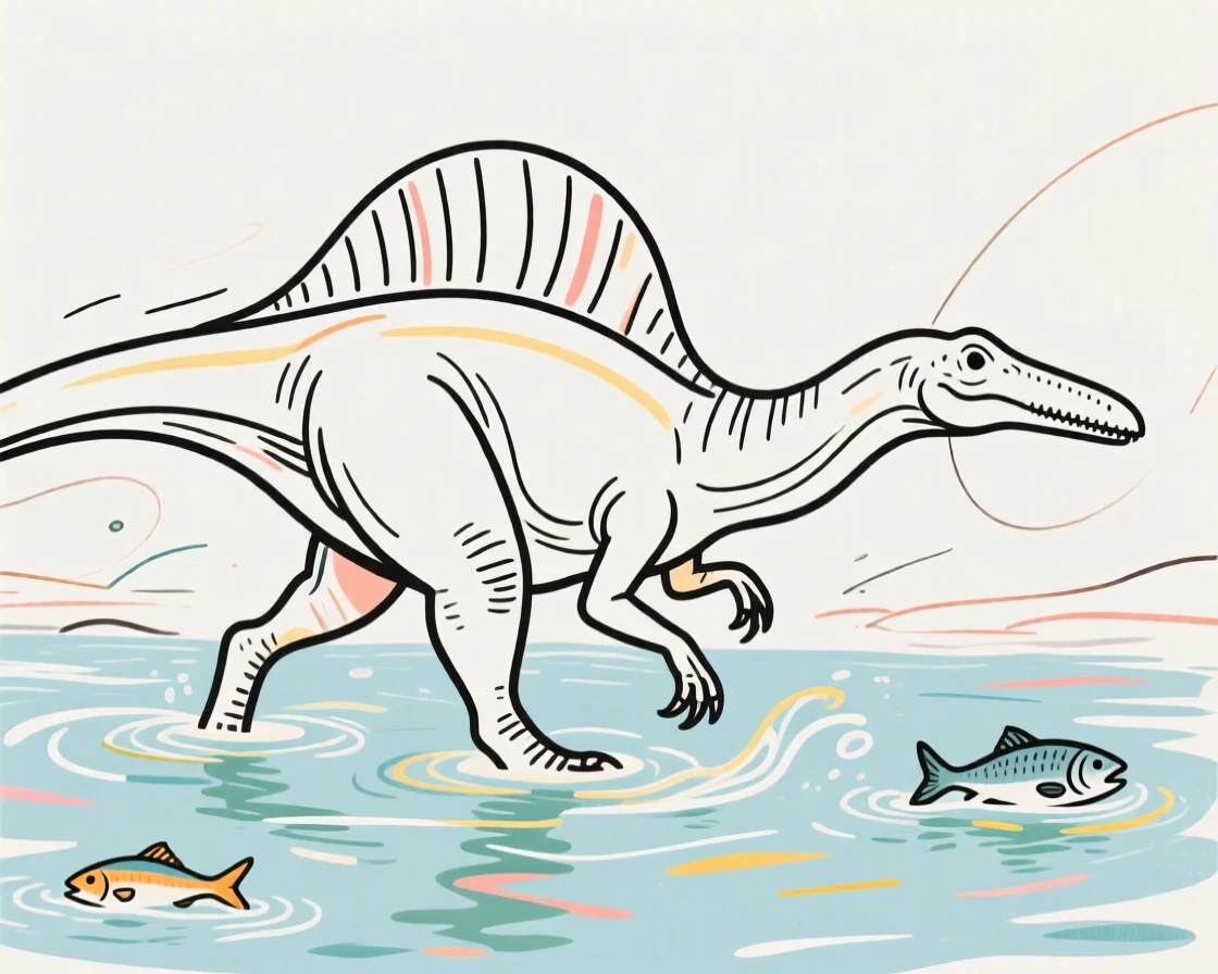 A Spinosaurus wading through a river hunting for fish.
