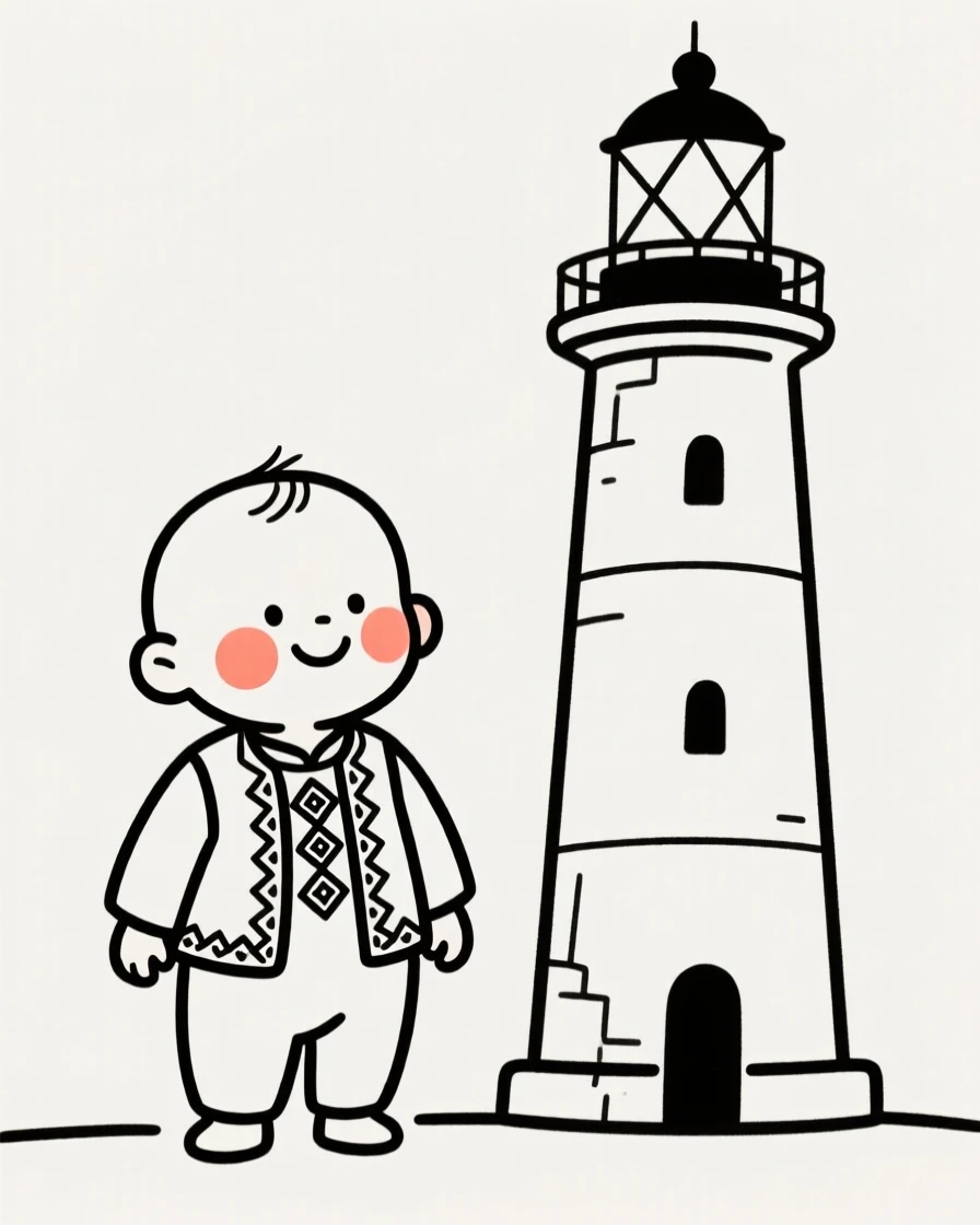 A baby boy wearing a Turkish embroidered vest, smiling warmly, beside an old lighthouse.