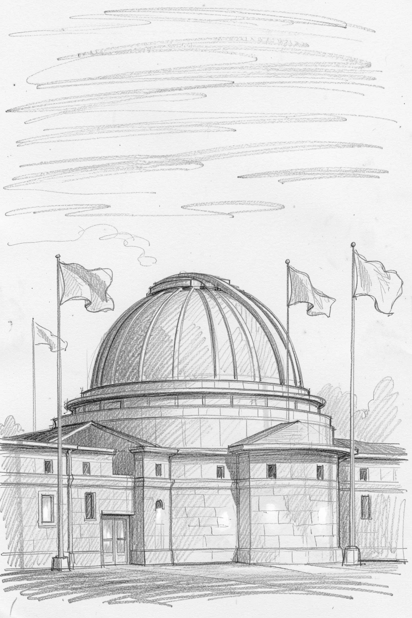 Sweeping architectural view of a domed observatory at night, as evening lights begin to glow, with flags gently fluttering in the breeze.