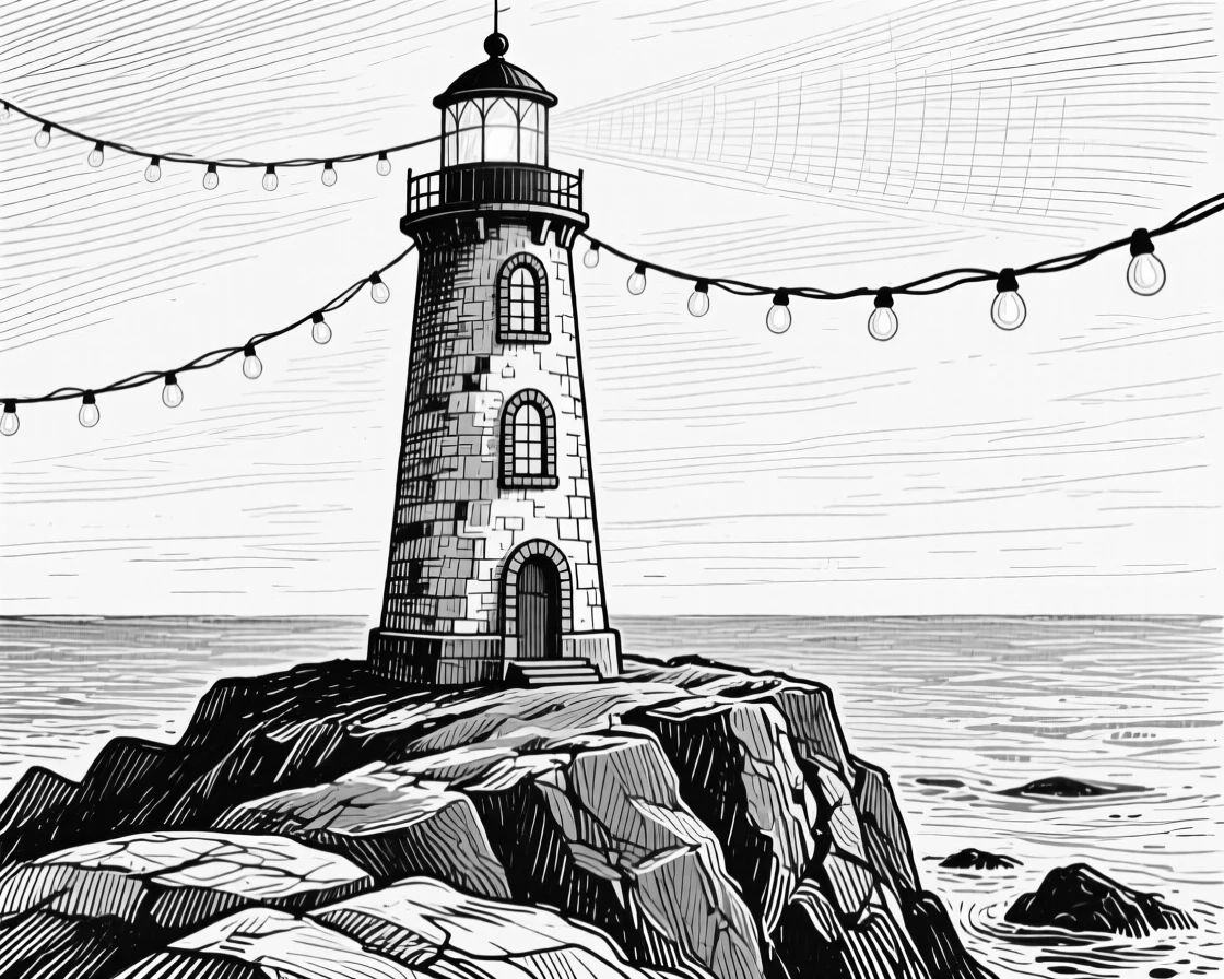 An old lighthouse on a rocky point beneath strings of hanging lights, featuring arched windows catching the light, rendered in a quietly charming architectural composition.
