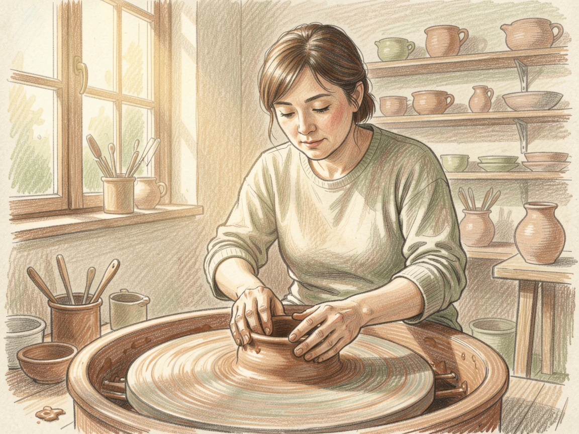 A potter shaping clay on a spinning wheel in a sunlit studio, captured in a quiet, unhurried moment of everyday life, celebrating the quiet joy of craftsmanship and passion.