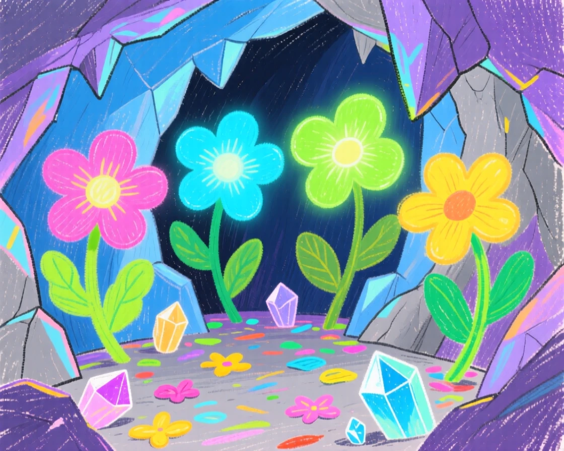 A crystal cave filled with glowing luminescent flowers.