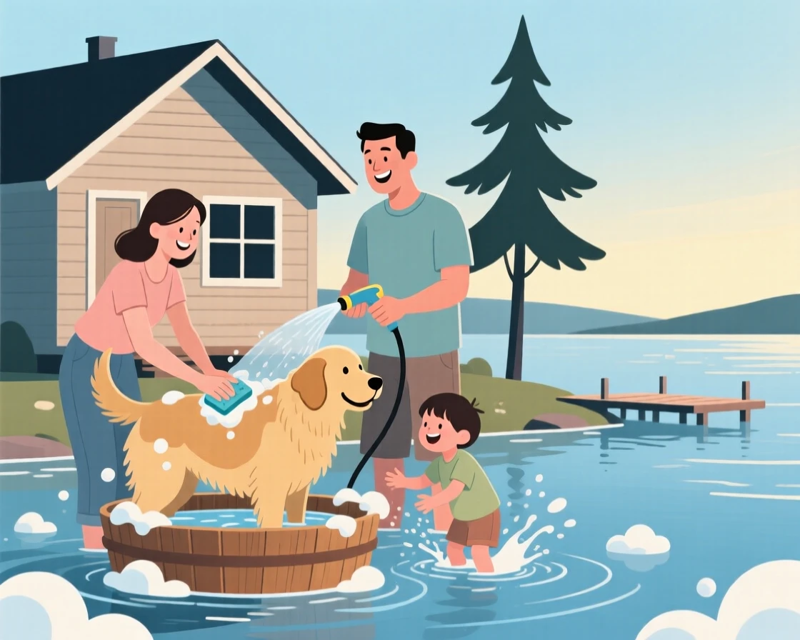 A family washing the dog together at a lakeside cabin.