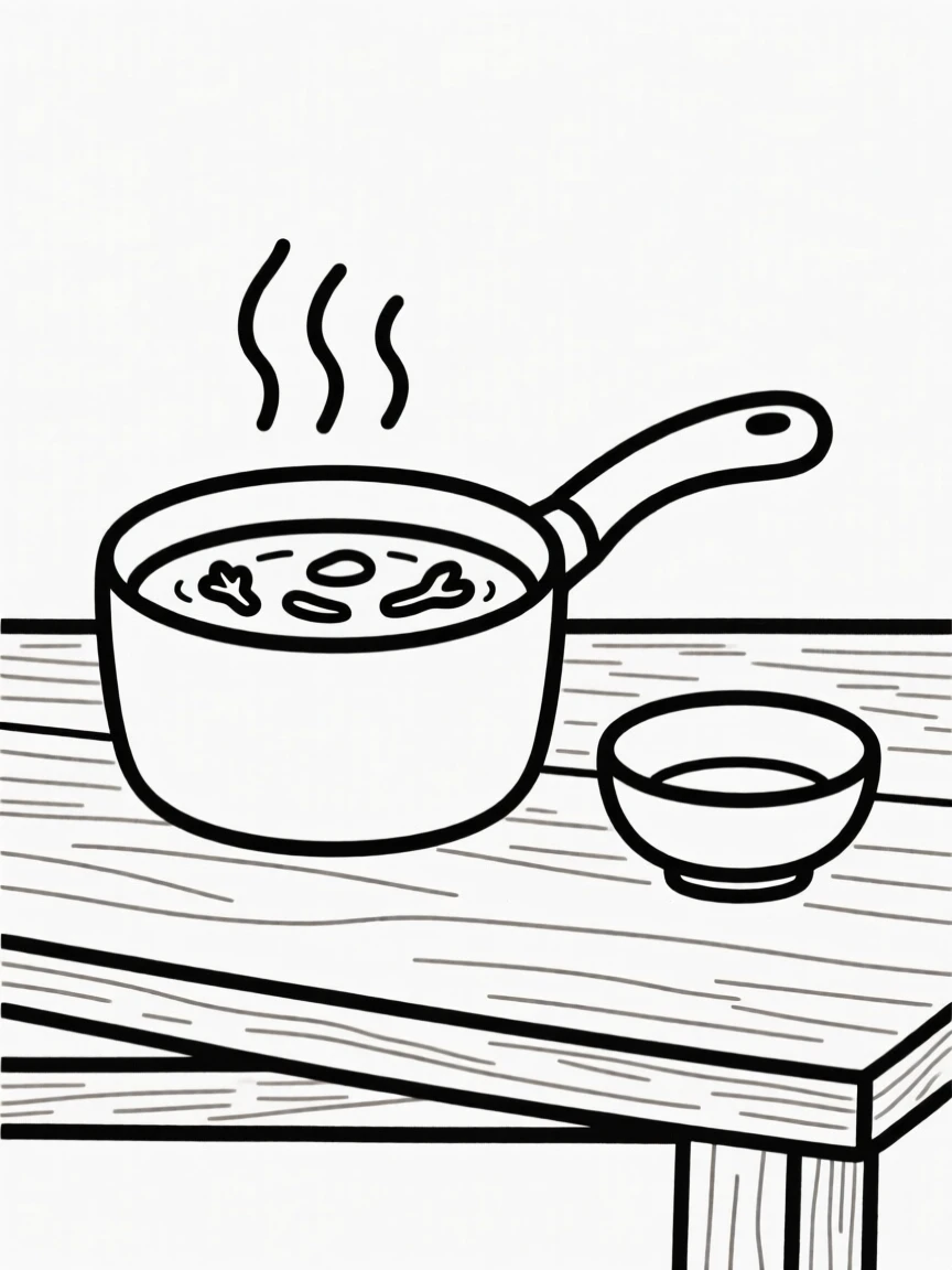 A close-up of pot of simmering soup arranged beside a small ceramic bowl in a mountain cabin table, full of simple satisfaction.