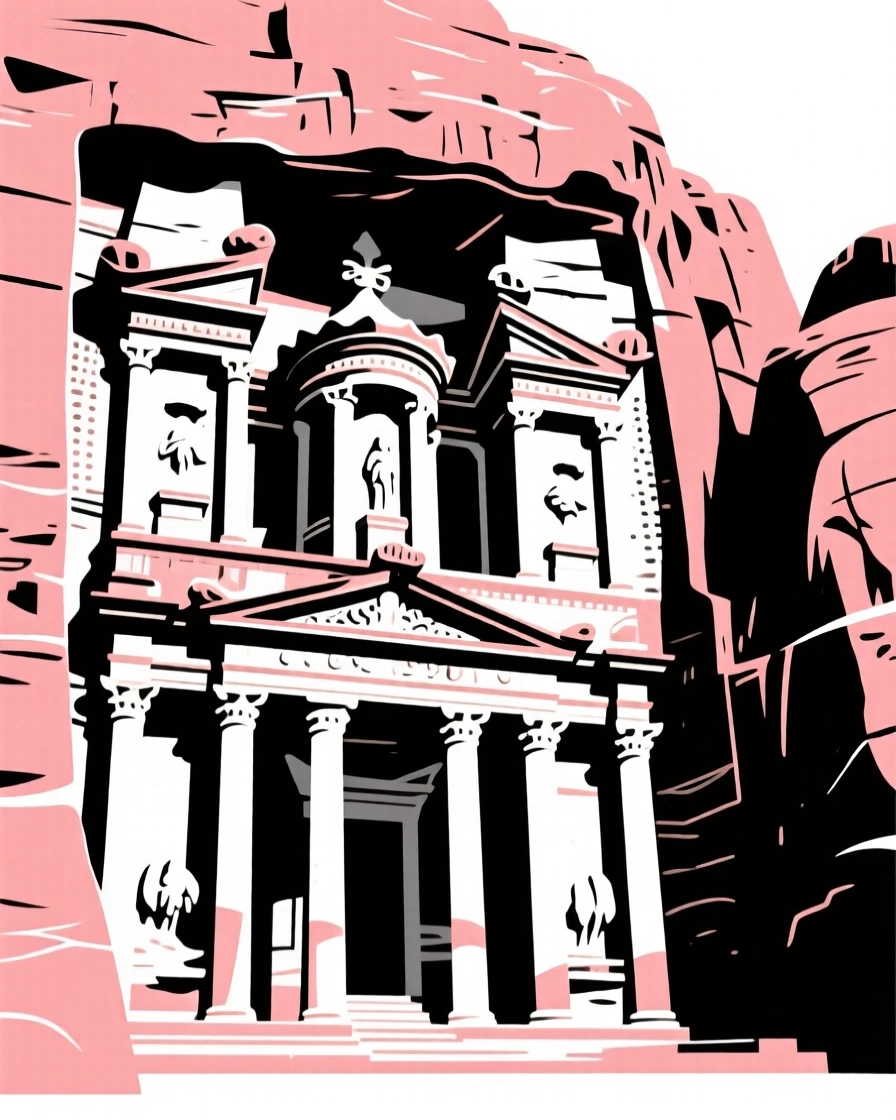 The ancient city of Petra carved into rose-colored stone.