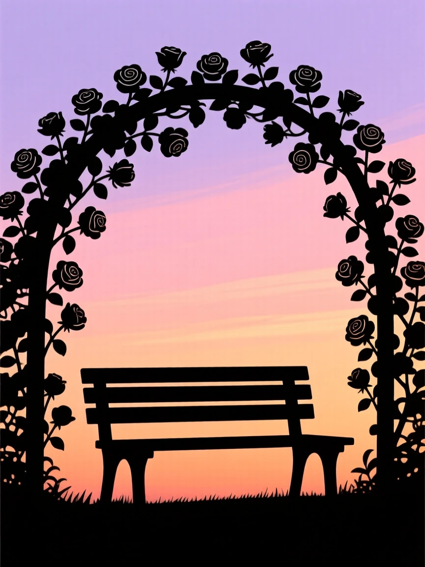A garden bench nestled beneath an arch of climbing roses in full bloom.